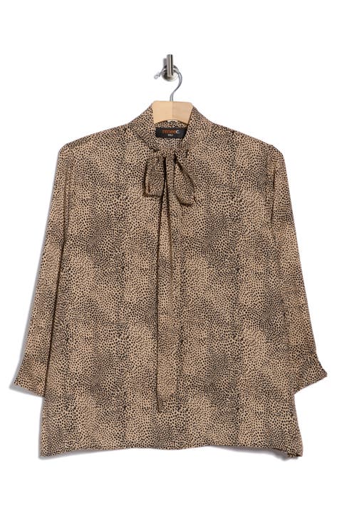 Animal Print Tie Neck Long Sleeve Top (Plus)