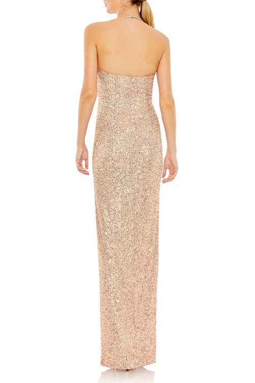 Mac Duggal Sequined Halter Strap Low Side Knot Gown In Rose Gold