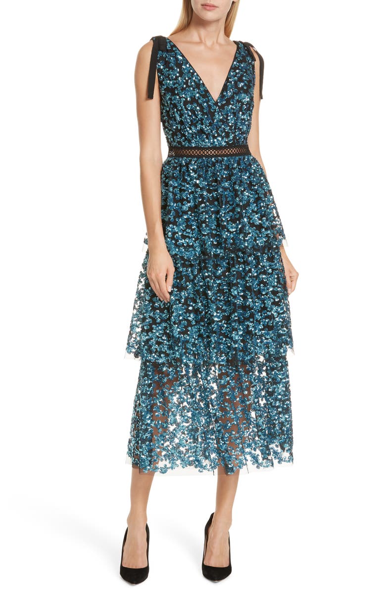 Self-Portrait Tiered Sequined Midi Dress, Main, color, 