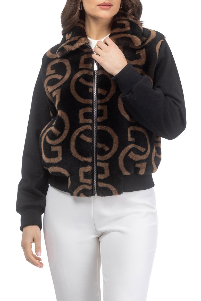 G Printed Merino Genuine Shearling Bomber Jacket Crafted with Loro Piana Wool Trim, Main, color, BLACK/CHESTNUT