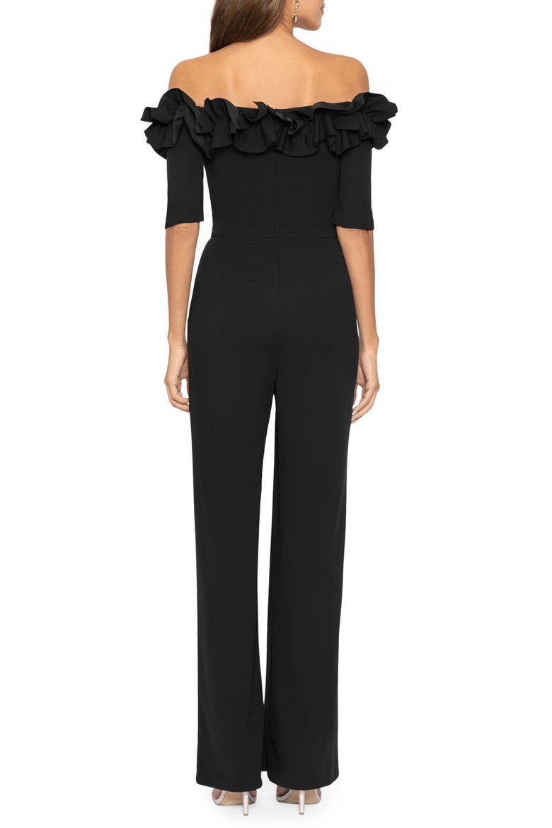 Ruched Ruffle Scuba Crepe Jumpsuit, Alternate, color, BLACK