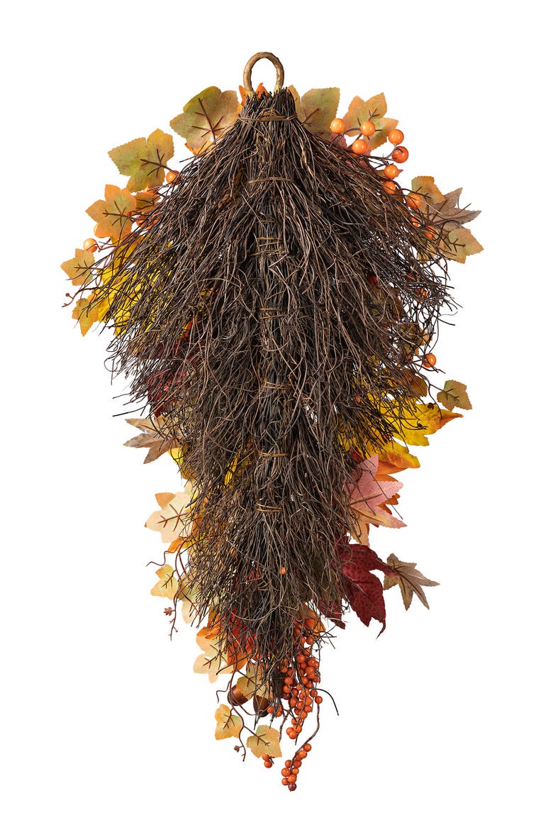 27"H Fall Sunflower Maple Leaf and Berry Teardrop, Alternate, color, Orange