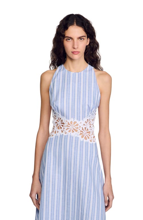 Sandro Womens Bleus Stripe-print Cut-out Lace Cotton And Linen-blend Midi Dress In Blue