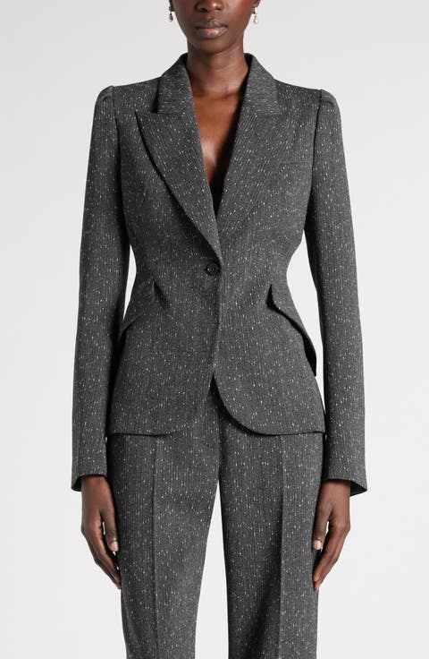 One-Button Puff Sleeve Stretch Wool Jacket