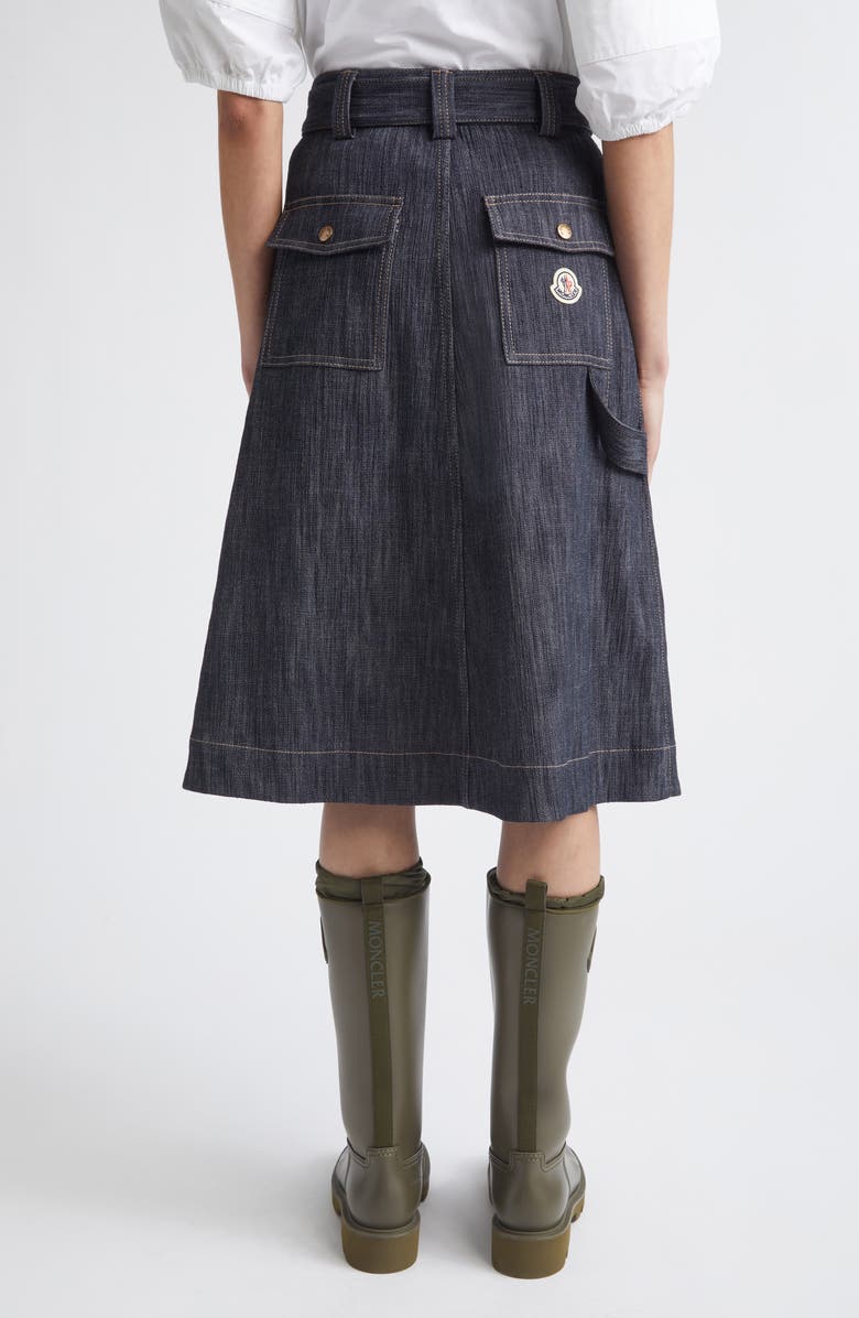 Moncler Belted Denim Midi Skirt, Alternate, color, Blue