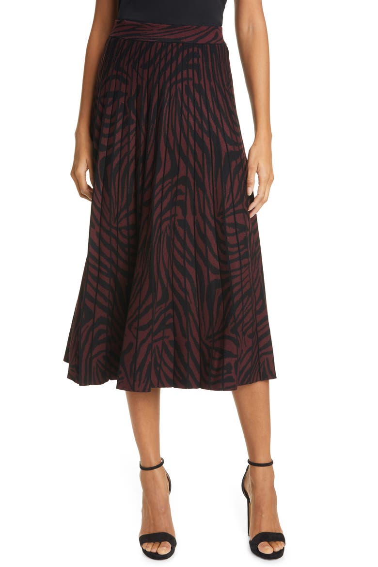 Pleated Zebra Print Skirt, Main, color, OXBLOOD