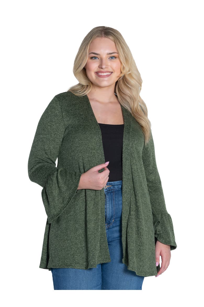 Plus Size Knit Three Quarter Bell Sleeve Open Cardigan, Main, color, Olive