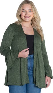 24seven Comfort Apparel Plus Size Knit Three Quarter Bell Sleeve Open Cardigan