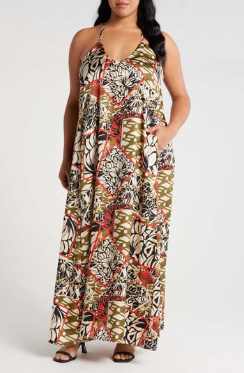 Tahari ASL Geometric Print Charmeuse Halter Maxi Dress | Nordstrom