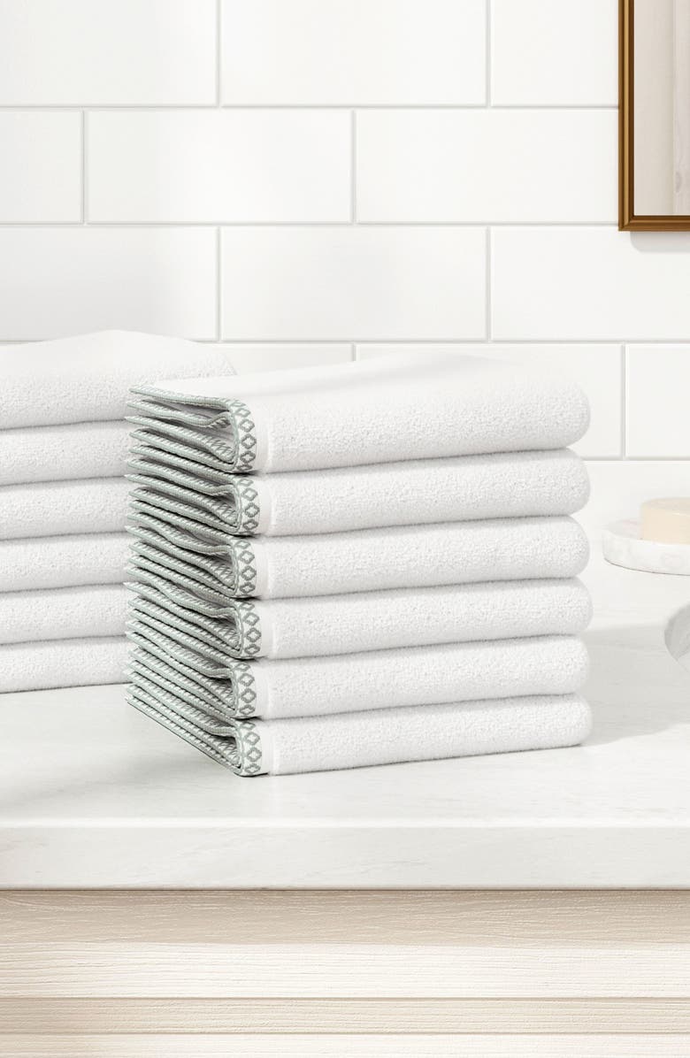 Woven & Weft Border Stitch 12-Piece Cotton Hand Towels, Alternate, color, White / Eucalyptus
