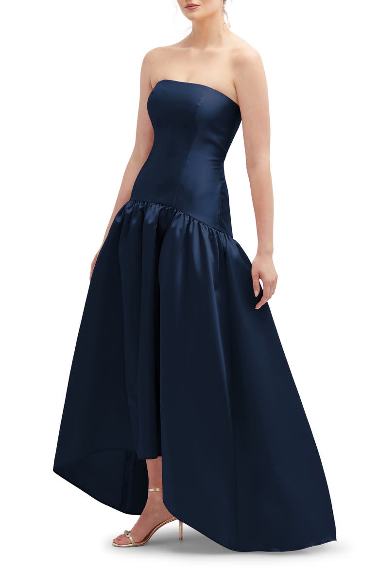 Strapless High-Low Satin Gown, Alternate, color, MIDNIGHT