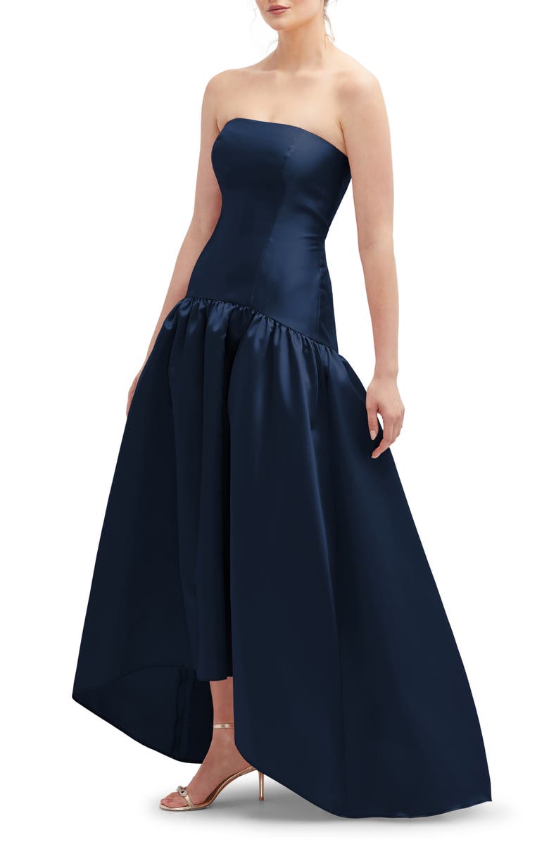 Alfred Sung Strapless High-Low Satin Gown, Alternate, color, Midnight