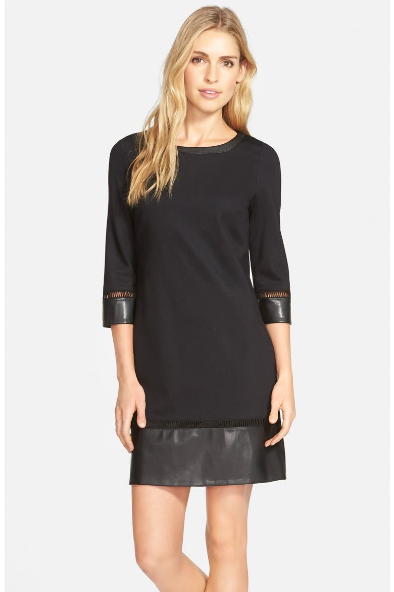 Ponte & Faux Leather Dress, Main, color, BLACK