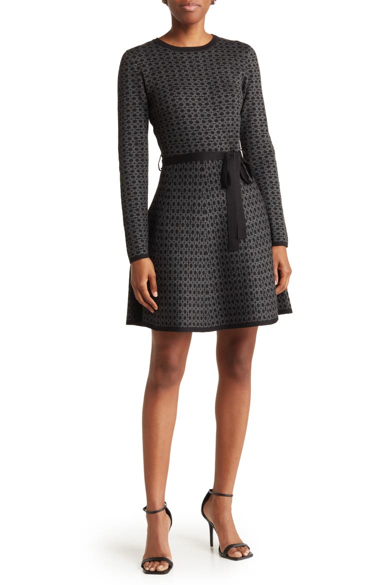 Long Sleeve Fit & Flare Sweater Dress, Main, color, BLACK/ CHARCOAL COIN