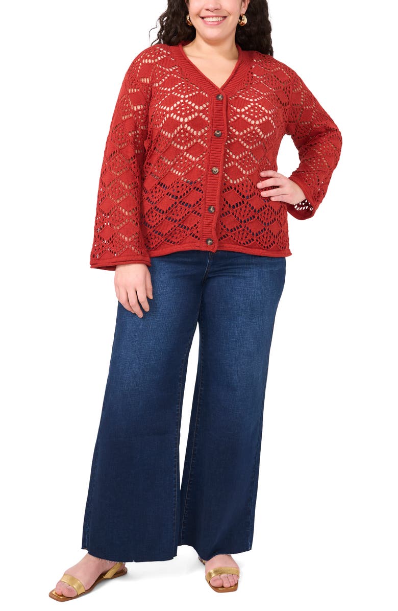 Vince Camuto Pointelle Cotton Cardigan, Alternate, color, Chili