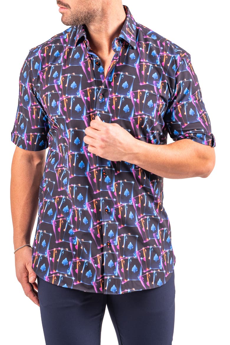 Galileo Resistance0346 Black Ace Print Short Sleeve Cotton Button-Up Shirt, Alternate, color, BLACK