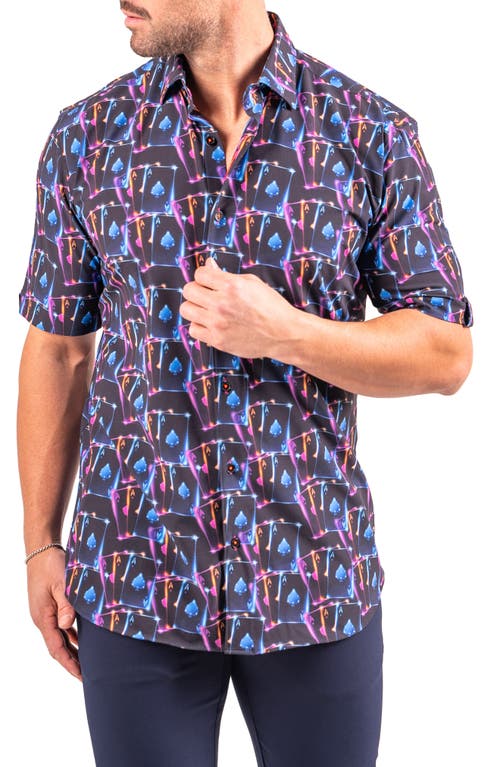 Maceoo Galileo Resistance0346 Black Ace Print Short Sleeve Cotton Button-up Shirt