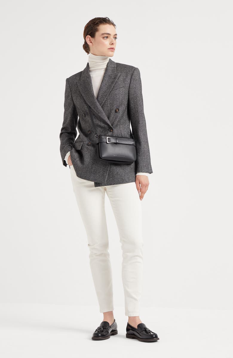 Brunello Cucinelli Stretch dyed denim slim trousers with shiny leather tab, Alternate, color, 