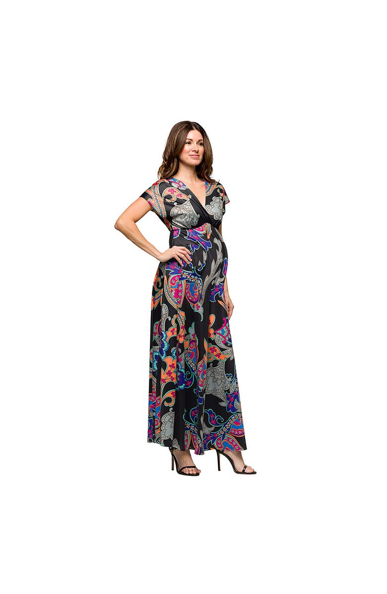 24seven Comfort Apparel Maternity Black Paisley Print V-Neck Empire Waist Cap Sleeve Maxi Dress, Alternate, color, Black Multi