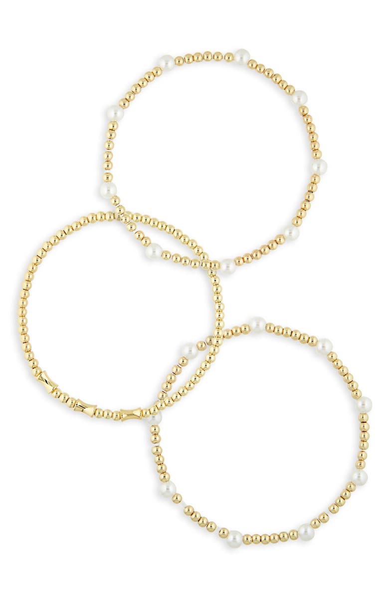 NORDSTROM RACK Set of 3 Faux Pearl Beaded Stretch Bracelets, Main, color, White- Gold