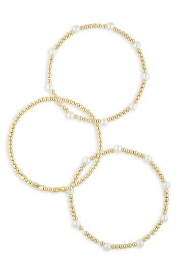 Nordstrom Rack Set Of 3 Faux Pearl Beaded Stretch Bracelets In Gold