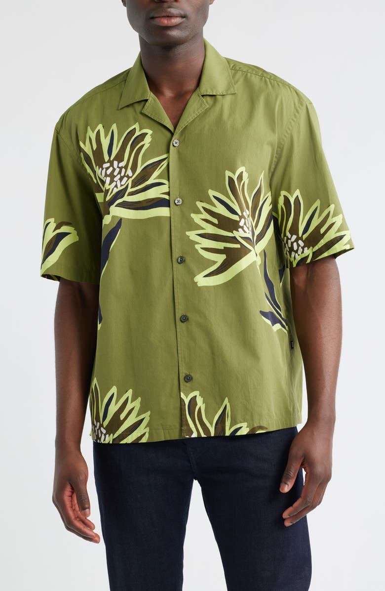 BOSS Lars Floral Camp Shirt, Main, color, Medium Green