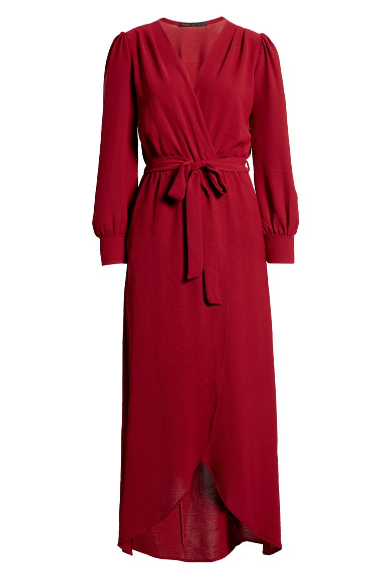 Long Sleeve Faux Wrap Dress, Alternate, color, WINE