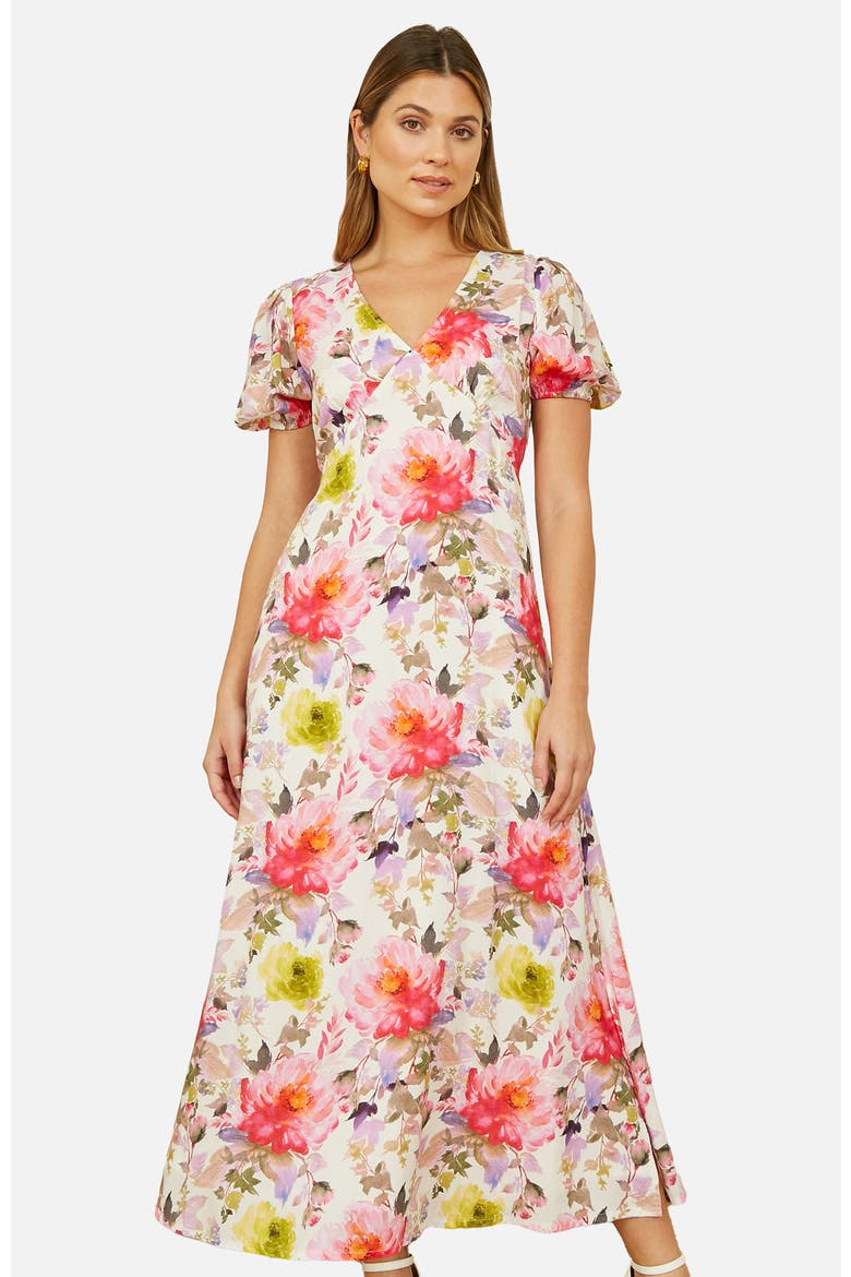 Floral Puffed Sleeve Midi Dress, Alternate, color, Ivory