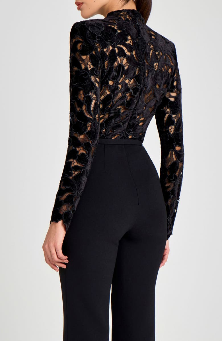NADINE MERABI Lace Mock Neck Velvet Jumpsuit, Alternate, color, Black