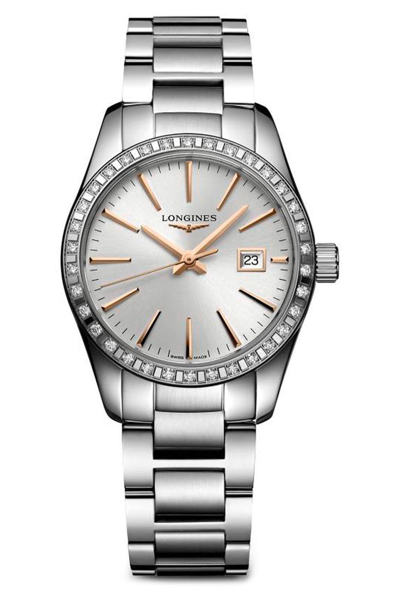 Conquest Classic Diamond Bracelet Watch, 29mm, Main, color, SILVER
