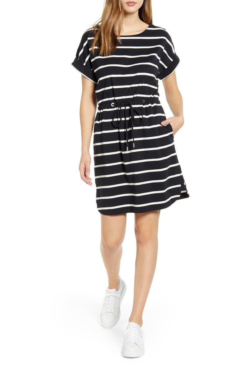 Sombra Stripe Tie Waist Dress, Main, color, BLACK