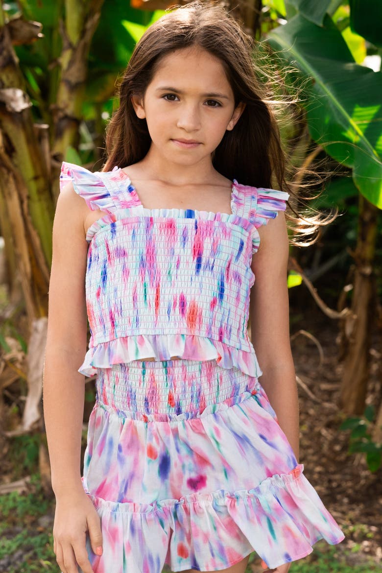 Kayla Smocked Bodice Top & Ruffle Skirt Set (Toddler, Little Kids, Big Kid)), Alternate, color, Hazy Ikat Seafoam