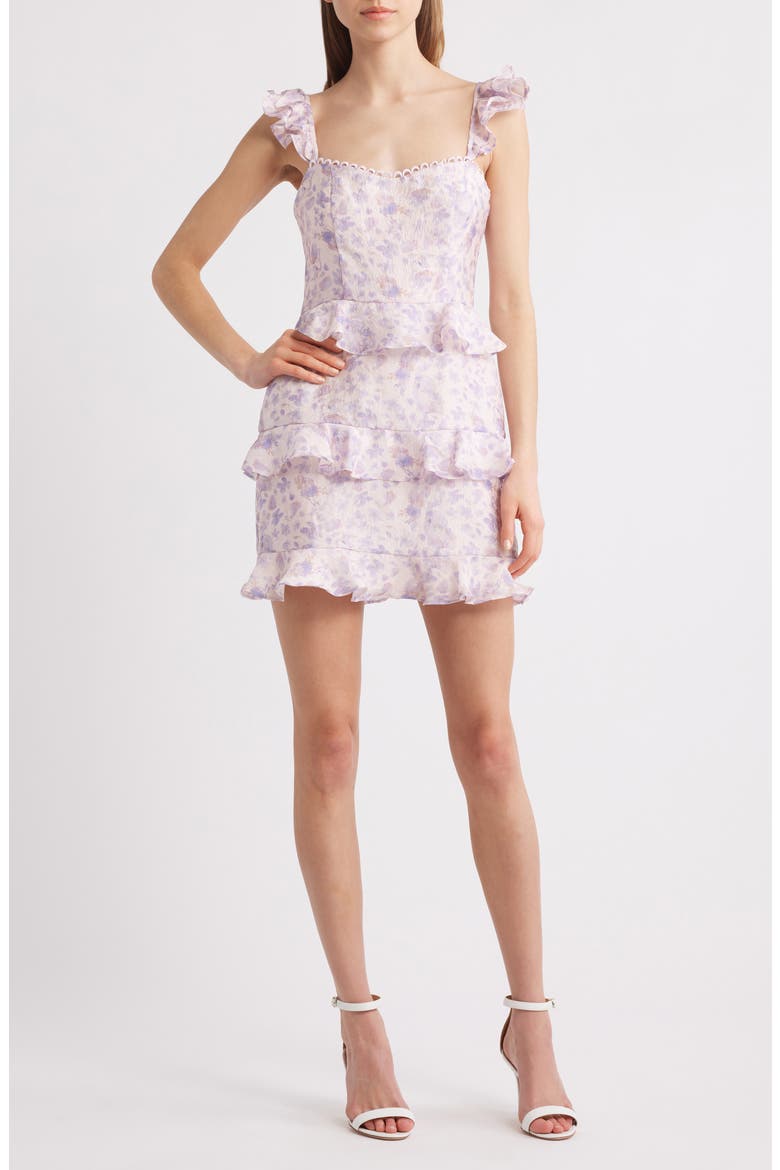 Bianca Ruffle Strap Floral Jacquard Minidress, Main, color, LAVENDAR FLORAL
