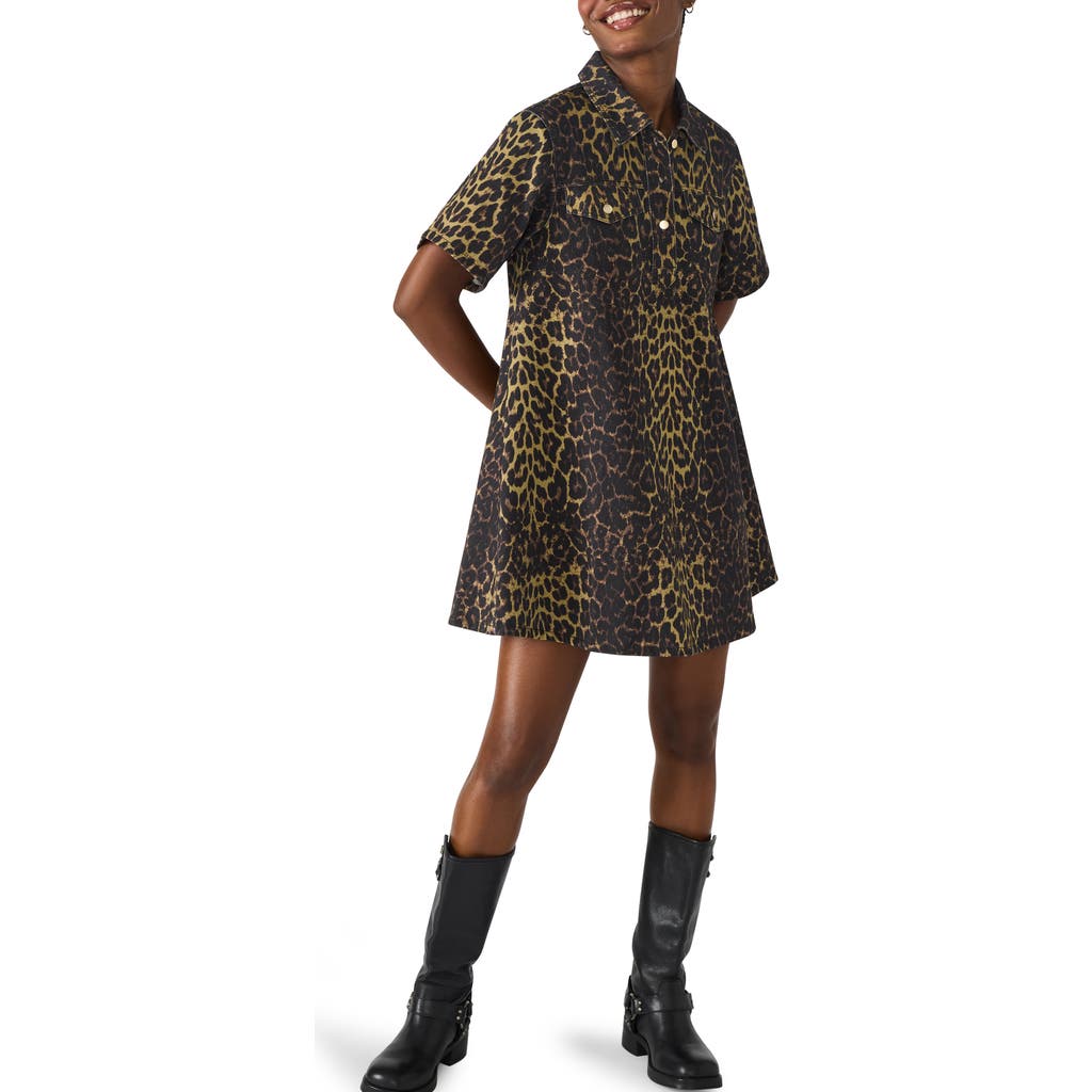 Steve Madden Freddy Leopard Print Denim Shirtdress In Brown
