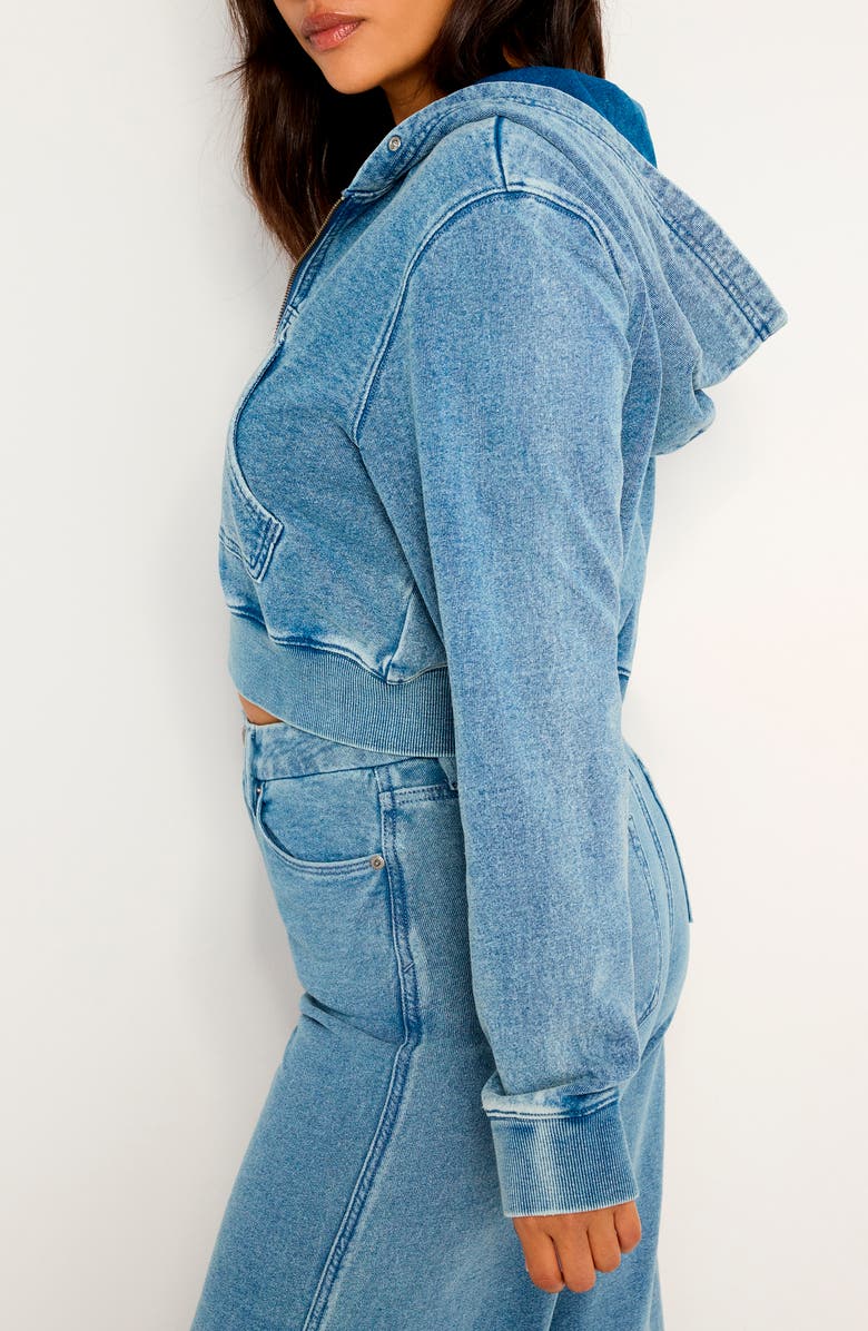 Good American Jeanius Crop Zip Hoodie, Alternate, color, Indigo586