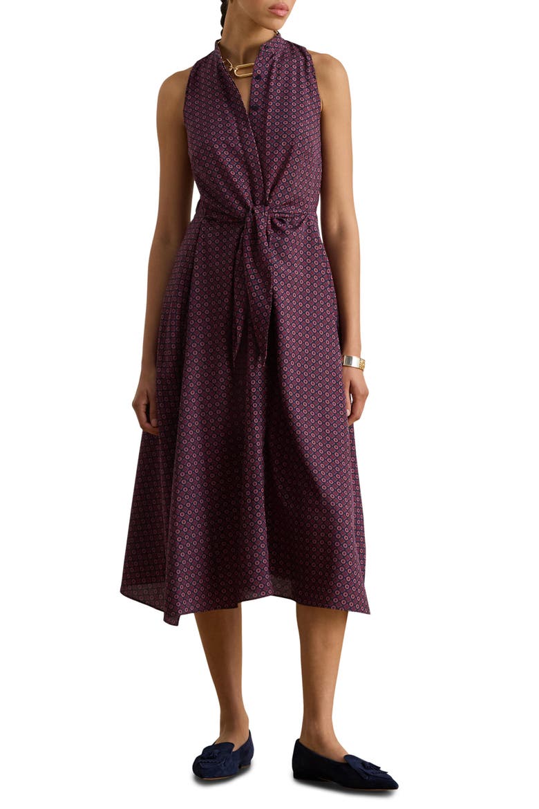 Tie Front Foulard Sleeveless Dress, Main, color, NAVY MULTI