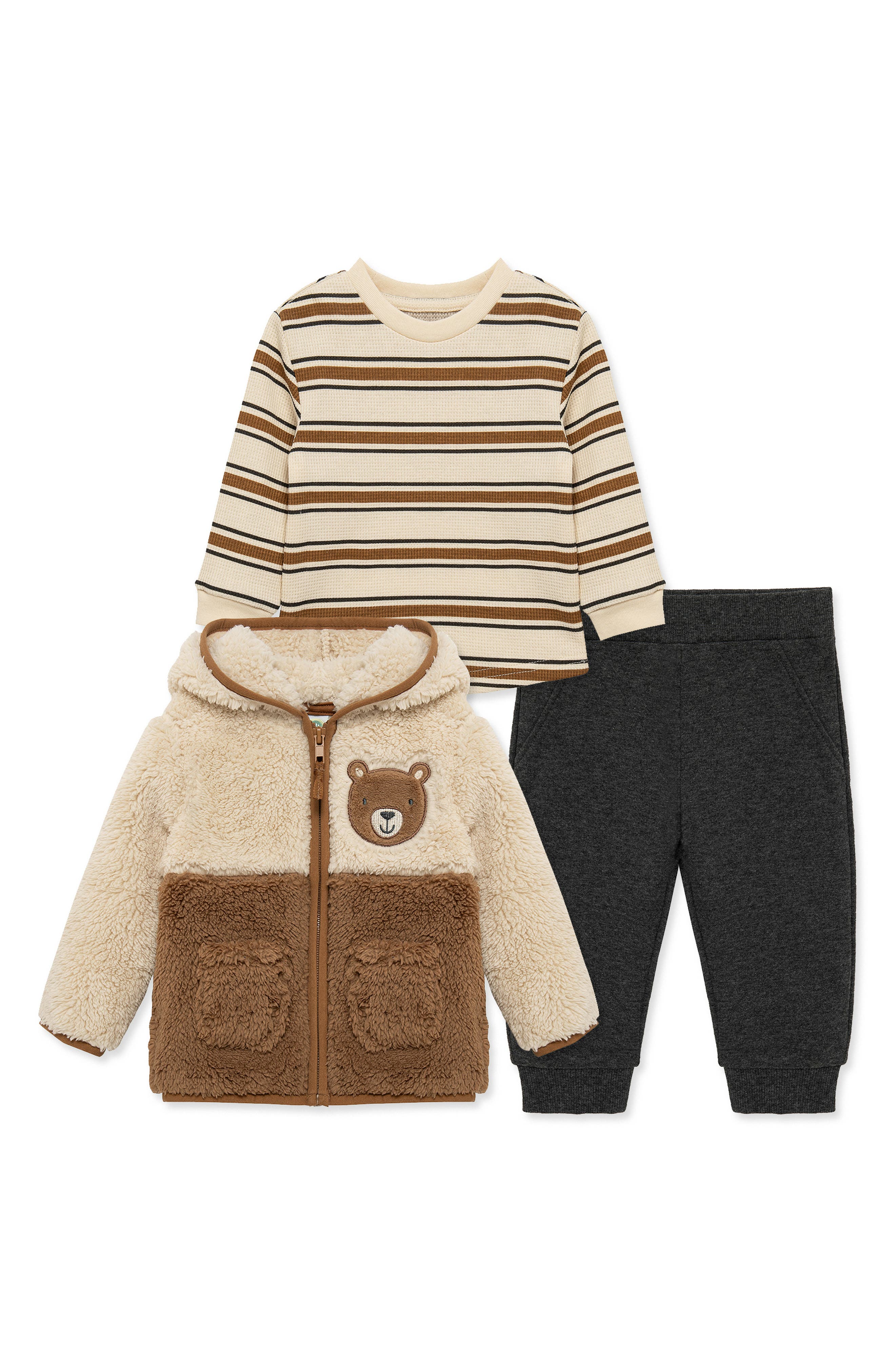 Kids' Bear 3-Piece High-Pile Fleece Jacket, Tee & Joggers Set