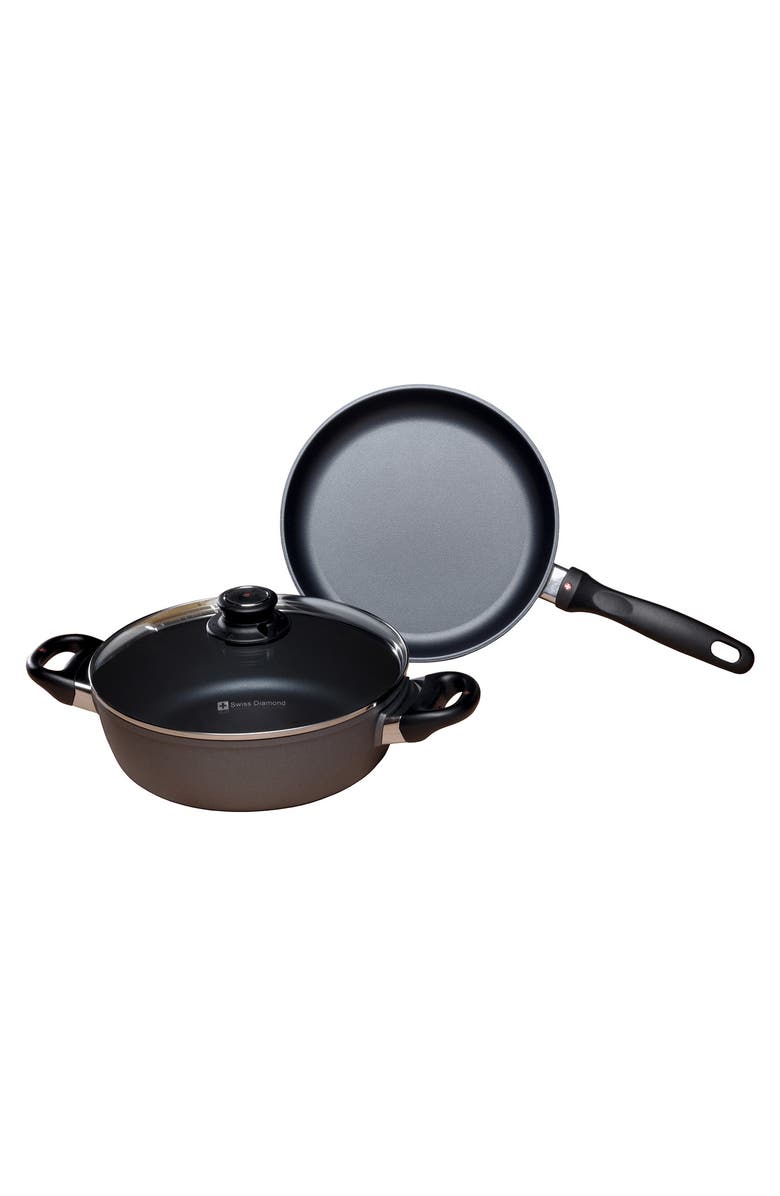 Swiss Diamond 3 Piece Cookware Set - Fry Pan and Casserole, Main, color, Black
