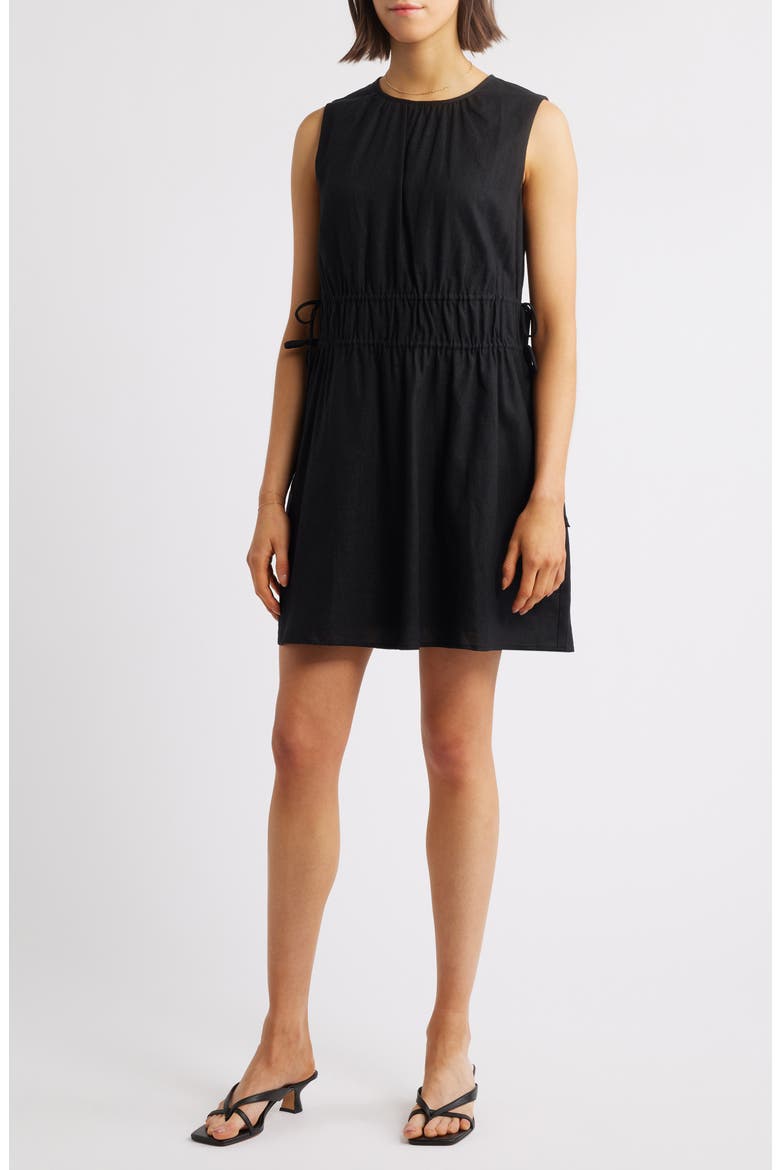 Drawstring Waist Linen Blend Minidress, Main, color, BLACK