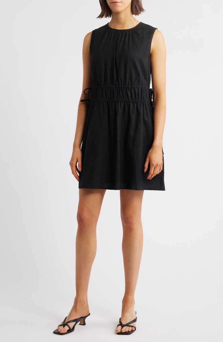 Charles Henry Drawstring Waist Linen Blend Minidress, Main, color, Black