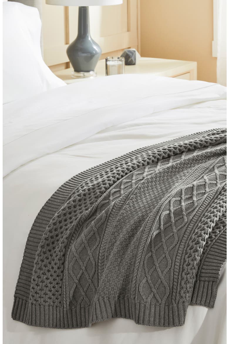 Aran Cable Organic Cotton Throw Blanket, Alternate, color, HEATHERED STONE