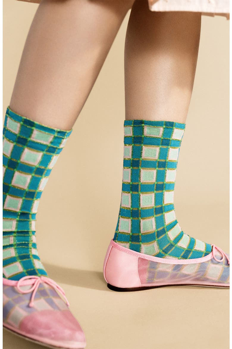 Esther Metallic Plaid Crew Socks, Main, color, TURQUOISE