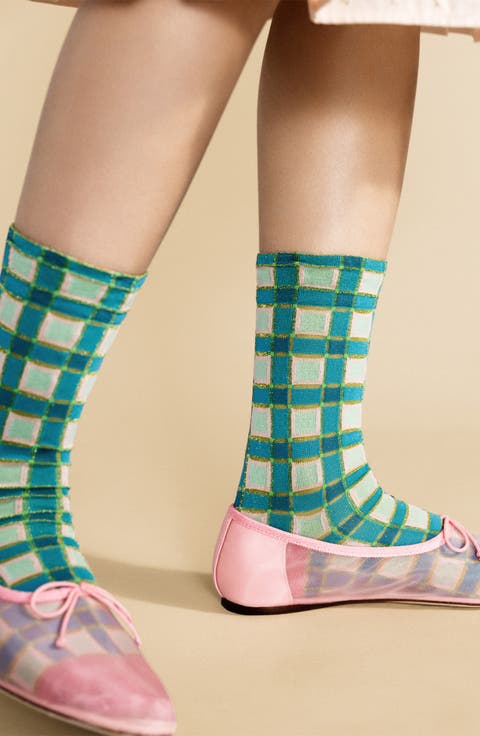 Esther Metallic Plaid Crew Socks