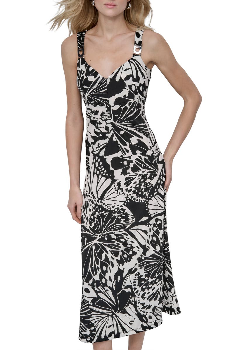 DKNY Floral Print Matte Jersey Midi Dress, Alternate, color, Black / Ivy