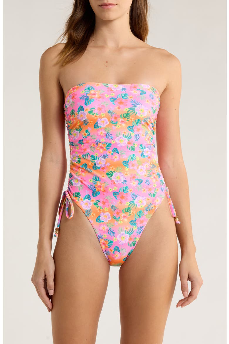 Strapless Cinched Tie One-Piece Swimsuit, Main, color, SUMMER GLOW