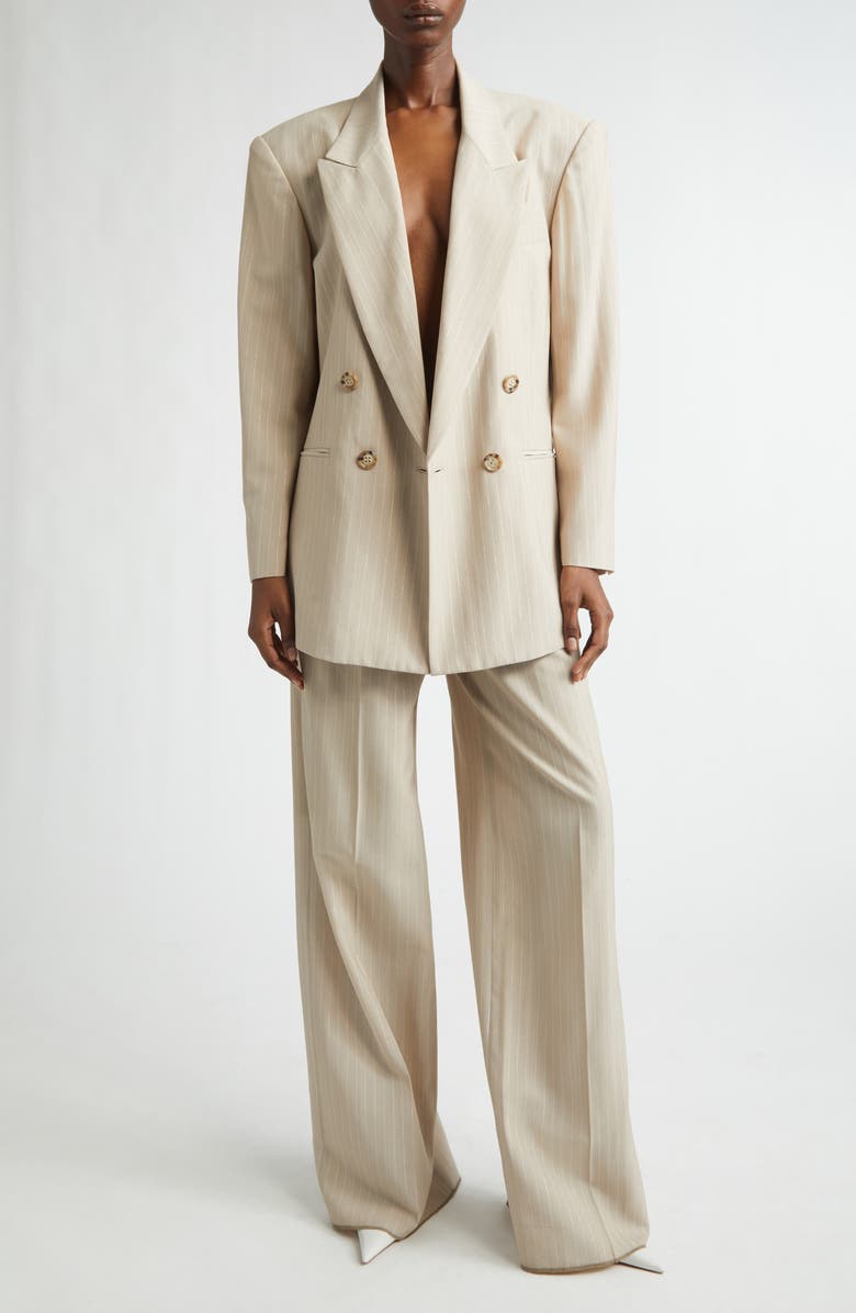 LaQuan Smith Shimmer Pinstripe Double Breasted Jacket, Alternate, color, Sand