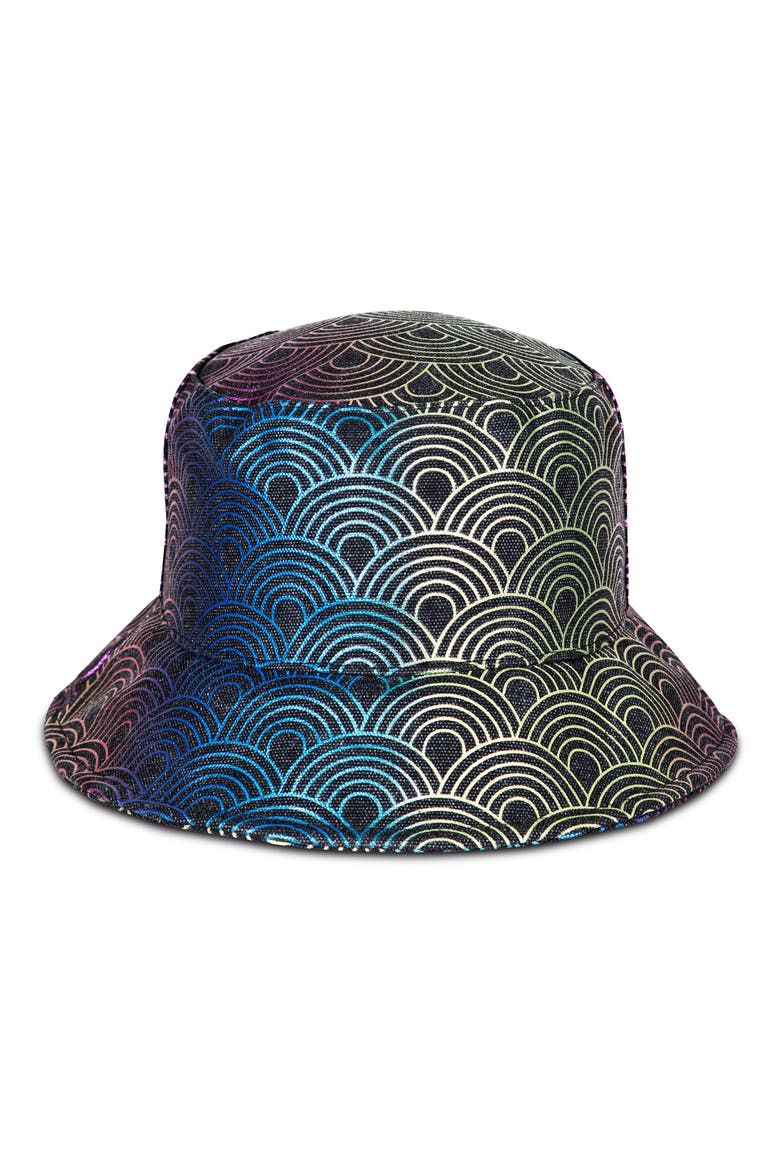 Rainbow Print Bucket Hat, Alternate, color, BLACK