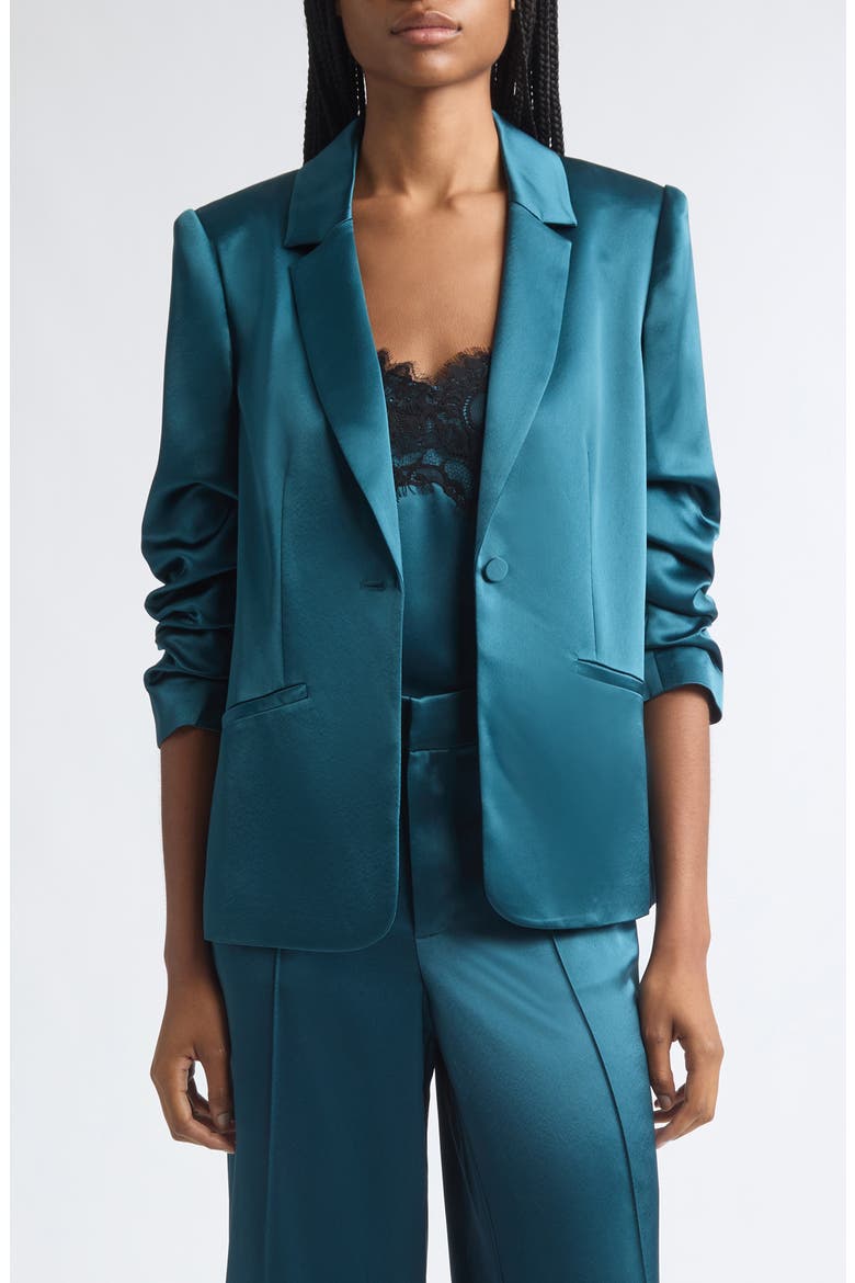 Kylie Ruched Sleeve Satin Blazer, Main, color, STORMWATER