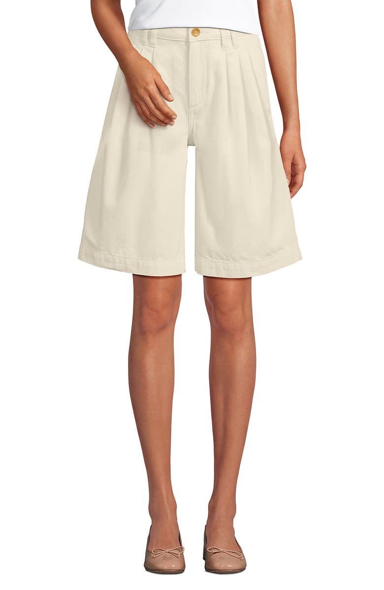 Lands' End Lightweight Denim Mid Rise Pleated 12" Slouchy Shorts, Alternate, color, Natural