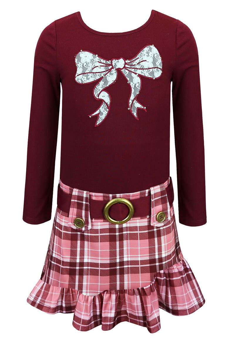 Kids' Bow Detail Plaid Dress, Main, color, BURGUNDY PLAID